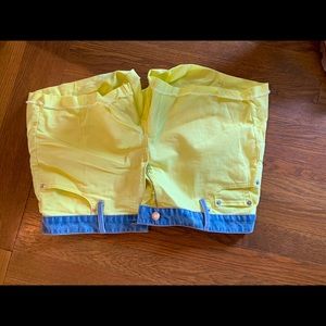 Blue and yellow denim shorts